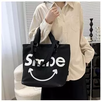 Большая вместительная холщовая большая сумка с буквами контрастного цвета, сумка на одно плечо с принтом улыбающегося лица и женская сумка через плечо белый