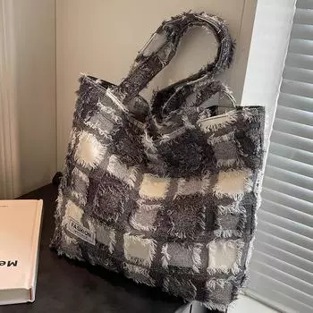 Большая вместительная холщовая решетчатая сумка-тоут, универсальная сумка для работы на пригороде, студенческая женская сумка под мышками, сумка для покупок серый