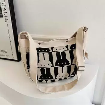 Большая вместительная холщовая сумка для женщин 2024 года, новая модная сумка-мессенджер из кролика, студенческая косметичка, женская сумка-тоут чёрный