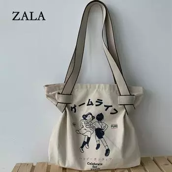 Большая вместительная холщовая сумка для женщин с принтом, школьная сумка для книг, дорожная легкая сумка, японская сумка на плечо 43*38cm бежевый