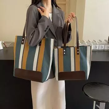 Большая вместительная холщовая сумка контрастного цвета в полоску, женская пригородная сумка на плечо, портативная большая сумка Small белый