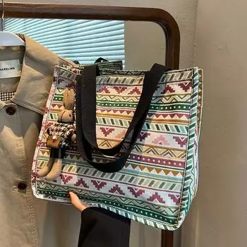 Большая вместительная холщовая сумка в этническом стиле для женщин, студентов колледжей, школьная сумка для поездок на работу, переносная сумка через плечо