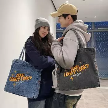 Большая вместительная холщовая сумка женская стираная джинсовая сумка-тоут студенческий рюкзак для поездок на работу и обратно star чёрный