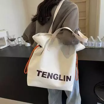 Большая вместительная холщовая сумка женская повседневная сумка через плечо с буквенным принтом сумка для поездок на работу чёрный