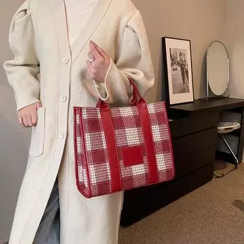 Большая вместительная клетчатая сумка-тоут женская модная дизайнерская зимняя новая холщовая сумка в простом стиле сумка через плечо для поездок на работу (30cm<Max Length<50cm)