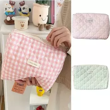 Большая вместительная косметичка для хранения, клетчатая косметичка, симпатичная косметичка для ванной комнаты розовый