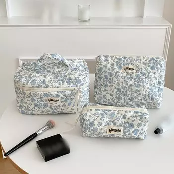Большая вместительная косметичка с цветочным принтом, косметичка, переносная косметичка с цветочным принтом для использования на открытом воздухе S синий