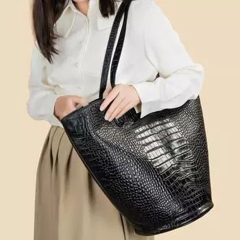 Большая вместительная кожаная женская сумка-тоут, сумка-ведро в форме цилиндра, сумка премиум-класса, аутентичные черные сумки с принтом аллигатора чёрный