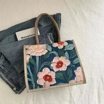 Большая вместительная льняная сумка для поездок на работу, сумка-тоут через плечо, этнический стиль, ручная сумка для школьников синий