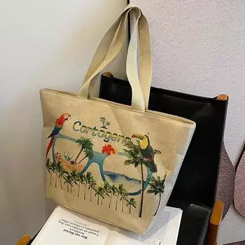 Большая вместительная льняная сумка для женщин 2024 года, новая сумка для поездок на работу, женская модная сумка через плечо из мешковины