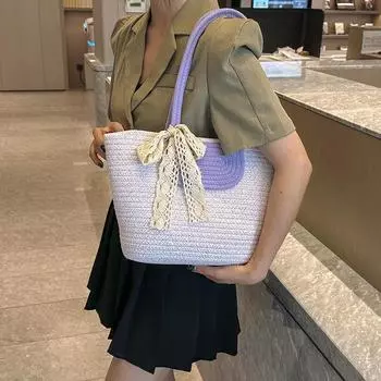 Большая вместительная модная плетеная женская сумка 2024 года, летняя новая сумка через плечо в иностранном стиле, плетеная соломенная сумка-тоут, женская сумка No silk scarf added
