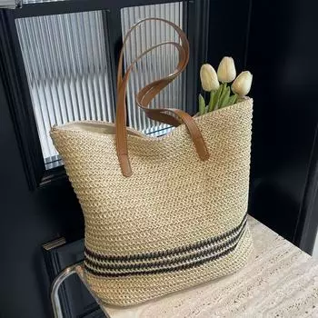 Большая вместительная модная сумка ручной работы, весенне-летняя женская универсальная сумка через плечо, плетеная соломенная сумка-тоут хаки