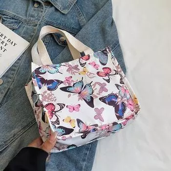 Большая вместительная переносная холщовая сумка с цветочным принтом и бабочками из ткани Оксфорд, повседневная женская сумка через плечо Niche