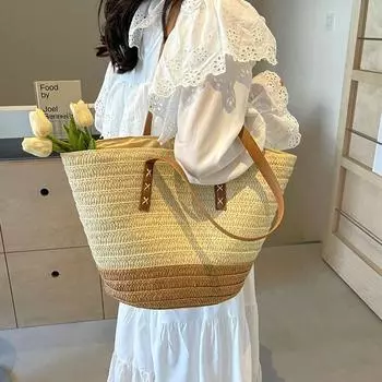 Большая вместительная плетеная сумка из травы 2024 года, новая сумка-ведро, женская пляжная сумка, модная сумка через плечо под мышкой