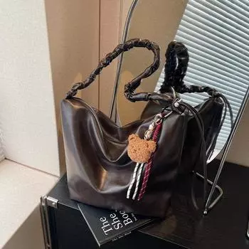 Большая вместительная портативная сумка-тоут женская осенне-зимняя ретро-мода повседневная плиссированная сумка-мессенджер для поездок на работу через плечо Without pendant коричневый