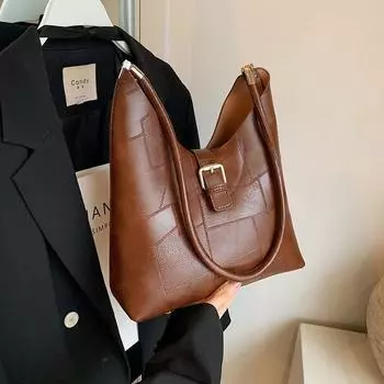 Большая вместительная повседневная сумка, женская модная нишевая универсальная сумка через плечо из искусственной кожи, новые однотонные дорожные сумки через плечо (20cm<Max Length<30cm)