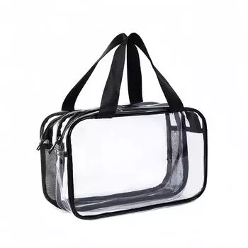 Большая вместительная прозрачная косметичка из ПВХ с разделением сухого/влажного light version double layer medium серый