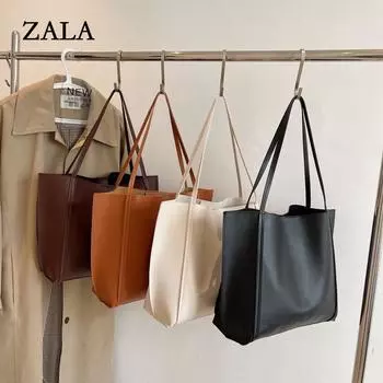 Большая вместительная ретро-сумка, женская новая сумка, сумка через плечо, модная большая сумка, высококачественная однотонная сумка-тоут коричневый