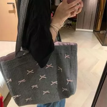 Большая вместительная серая сумка-тоут для женщин Harajuku Bow Chic Canvas Handbag Messenger Bag для женщин Casual Crossbody Bags Aesthetic