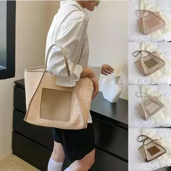 Большая вместительная соломенная плетеная сумка через плечо, вязаная сетчатая пляжная сумка, симпатичная уличная одежда коричневый