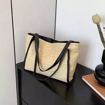 Большая вместительная соломенная плетеная сумка-тоут в этническом стиле, сумка через плечо, текстурированная плетеная сумка подмышкой, модная женская сумка хаки