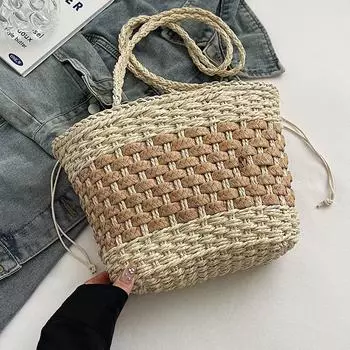 Большая вместительная соломенная сумка женская новая модная летняя универсальная сумка через плечо модная контрастная повседневная сумка-корзина для овощей бежевый