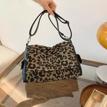 Большая вместительная сумка 2024 года, новая женская сумка-мессенджер в стиле ретро, сумка через плечо с леопардовым принтом, сумка-тоут для выхода в свет 34*12*20 чёрный