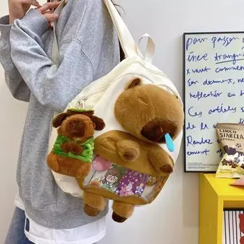 Большая вместительная сумка через плечо Capybara, школьная сумка, мультяшный рюкзак, плюшевый рюкзак Capybara, унисекс Khaki-No Pendant