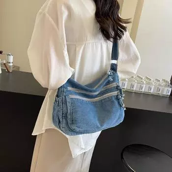 Большая вместительная сумка через плечо в стиле ретро с эффектом потертости - легкая повседневная сумка через плечо с множеством карманов для мужчин и женщин синий