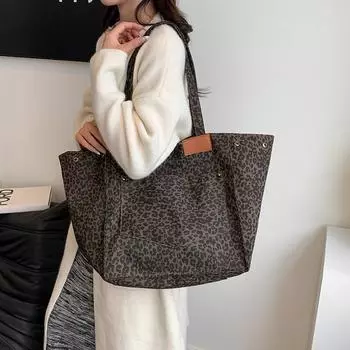Большая вместительная сумка через плечо с леопардовым принтом, женская сумка-тоут, сумка для покупок хаки