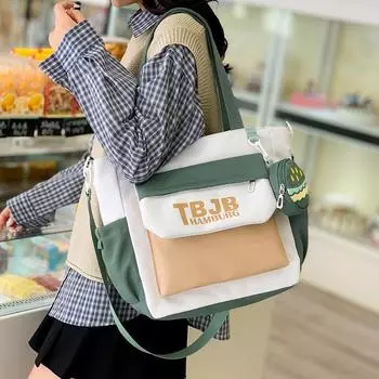 Большая вместительная сумка через плечо из холста, женская контрастная сумка через плечо, школьный рюкзак для школьников чёрный