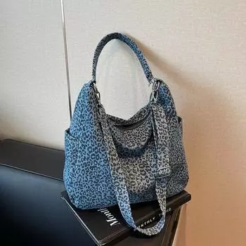 Большая вместительная сумка через плечо с леопардовым принтом, женская сумка-тоут темно-синий