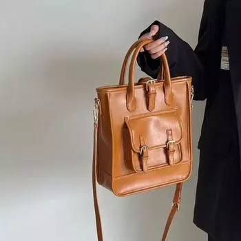 Большая вместительная сумка через плечо из искусственной кожи коричневого цвета, простая винтажная сумка-портфель в стиле преппи для девочек коричневый