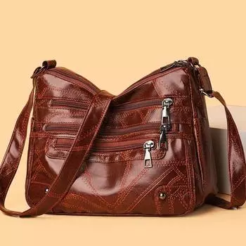 Большая вместительная сумка через плечо с несколькими молниями, сумка для мамы среднего возраста, женская винтажная сумка через плечо из мягкой кожи кофейный