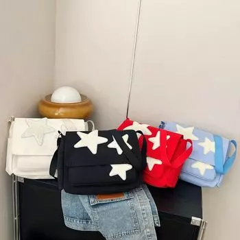 Большая вместительная сумка через плечо со звездами Y2k из нейлона для школьников, простая сумка на плечо с пентаграммой для девочек белый