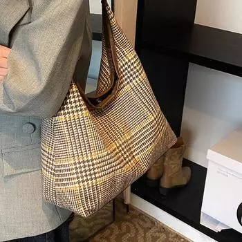 Большая вместительная сумка через плечо в клетку, женская повседневная универсальная сумка для покупок в клетку, сумка-тоут для поездок на работу коричневый