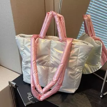 Большая вместительная сумка через подмышку, модная стеганая женская сумка через плечо, дизайнерская сумка с мягкой подкладкой из хлопка, роскошная сумка-шоппер с пуховкой 30x14x27cm серебряный