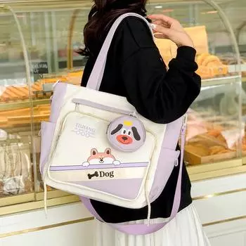 Большая вместительная сумка для книг, женская сумка через плечо с цветным блоком и принтом мультяшной собаки, сумка на плечо, студенческая сумка фиолетовый
