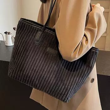 Большая вместительная сумка для осени и зимы, женская сумка-тоут 2024 года, новая вельветовая сумка через плечо, модная универсальная женская классическая сумка чёрный