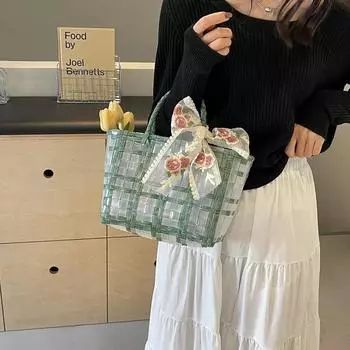 Большая вместительная сумка для пикника для женщин, двухцветная тканевая сумка с вышитым бантом, повседневная сумка из ПВХ, женские сумки