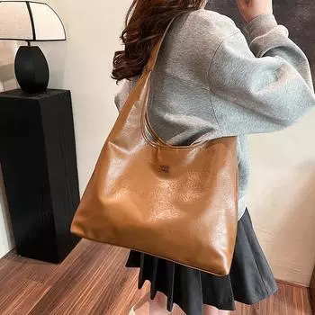 Большая вместительная сумка для поездок на работу, женская, 2024, новая модная сумка через плечо в стиле ретро, повседневная модная простая сумка-тоут подмышкой коричневый