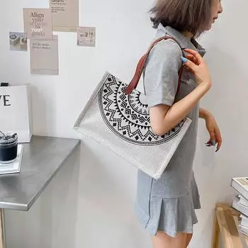 Большая вместительная сумка для покупок в этническом стиле для женщин 2024 года, новая простая портативная сумка-тоут из хлопка и льна для поездок на работу