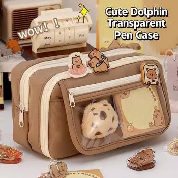 Большая вместительная сумка для ручек, многофункциональная сумка для хранения канцелярских принадлежностей, однотонный пенал, прозрачный органайзер для канцелярских принадлежностей на молнии 4