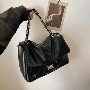 Большая вместительная сумка для женщин, одно плечо, украшенная сумка через плечо, монохромная цепочка, классическая модная тенденция, черный и белый