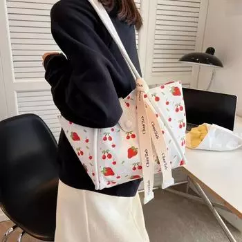 Большая вместительная сумка для женщин в корейском стиле, сумка с симпатичным принтом вишни, сумка через плечо