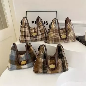 Большая вместительная сумка для женщин на осень и зиму, новая шерстяная клетчатая сумка через плечо в стиле ретро, повседневный универсальный нишевый рюкзак