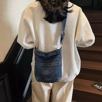 Большая вместительная сумка из джинсовой ткани. Нишевая сумка через плечо на одно плечо для поездок на работу чёрный