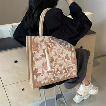 Большая вместительная сумка из мешковины, женская сумка-тоут для работы и поездок на работу с кисточками, повседневная женская сумка-тоут с цветочным принтом розовый