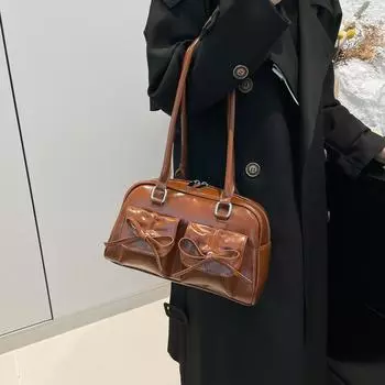 Большая вместительная сумка из ПУ для женщин 2024 года, новая сумка-бантик в балетном стиле, универсальная сумка через плечо 29*12*17 чёрный