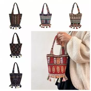 Большая вместительная сумка из ткани с кисточками, сумка-ведро в богемном стиле, переносная холщовая сумка в этническом стиле для девочек style 3